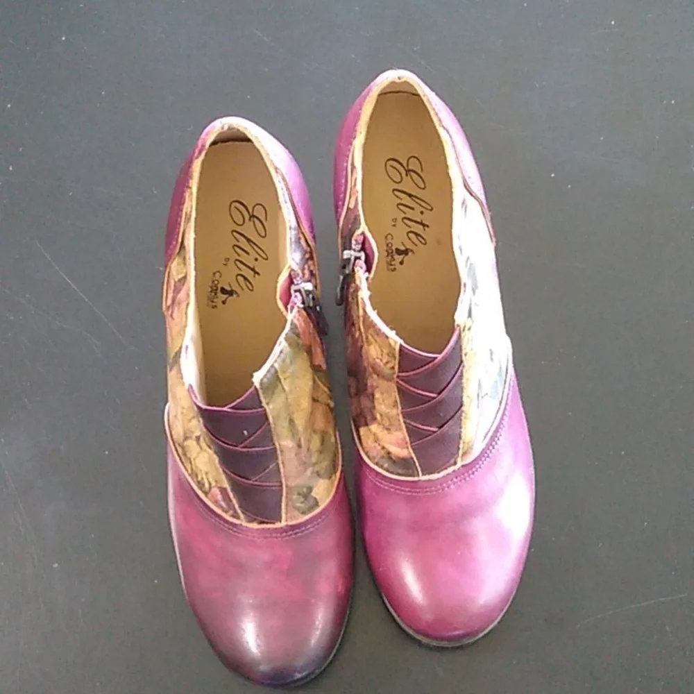 ELITE BY CORKY LEATHER ANKLE BOOTS SIZE 7 side zip plum floral color LIKE NEW - Picture 4 of 15